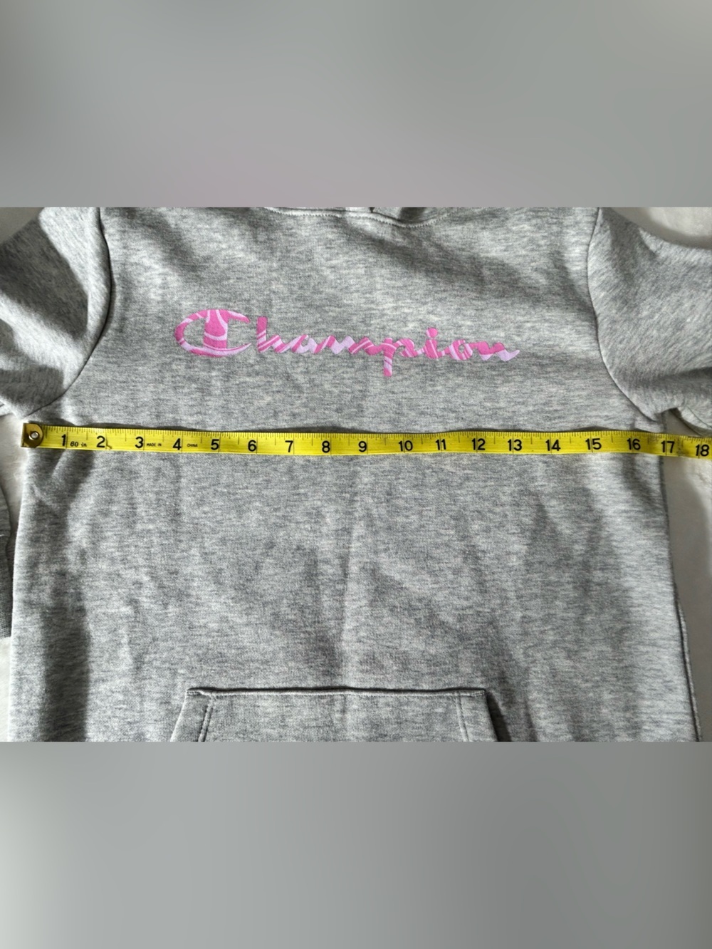 Champion Light Gray Hoodie with Pink Script Logo Kangaroo Pocket Size 16 - Picture 7 of 9